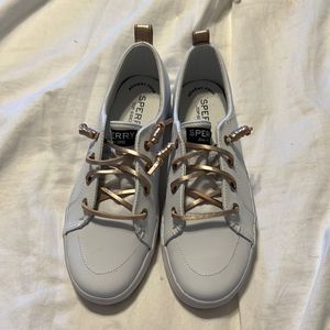 Children’s Sperry White Leather Girls Shoes No-Tie Rose Gold Laces